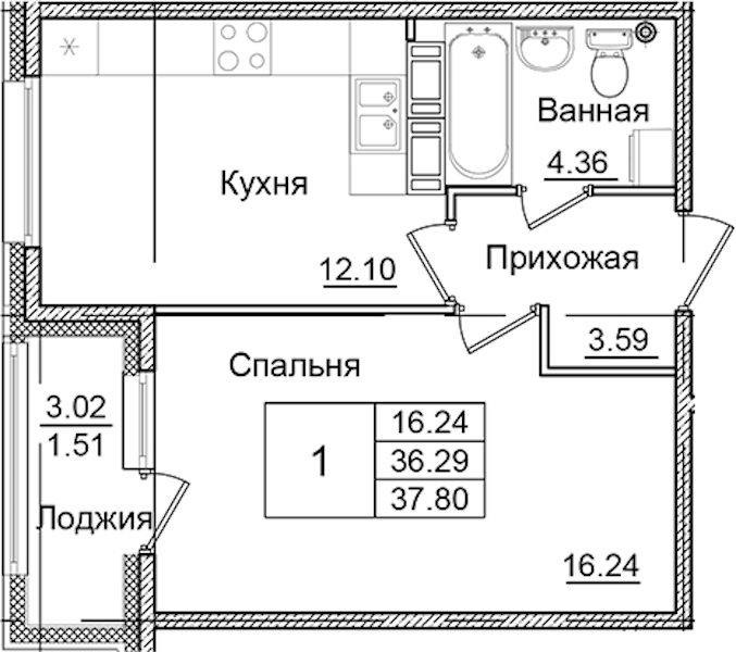 1-комнатная квартира 37.8 м², 8/9 эт., ЖК «Квартал Заречье»